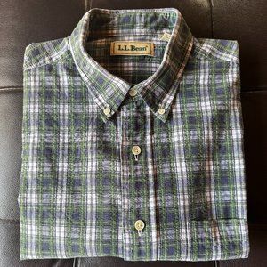 Vintage LL Bean Mens Shirt Blue Green Plaid 100% Cotton S/S Button Down Size L